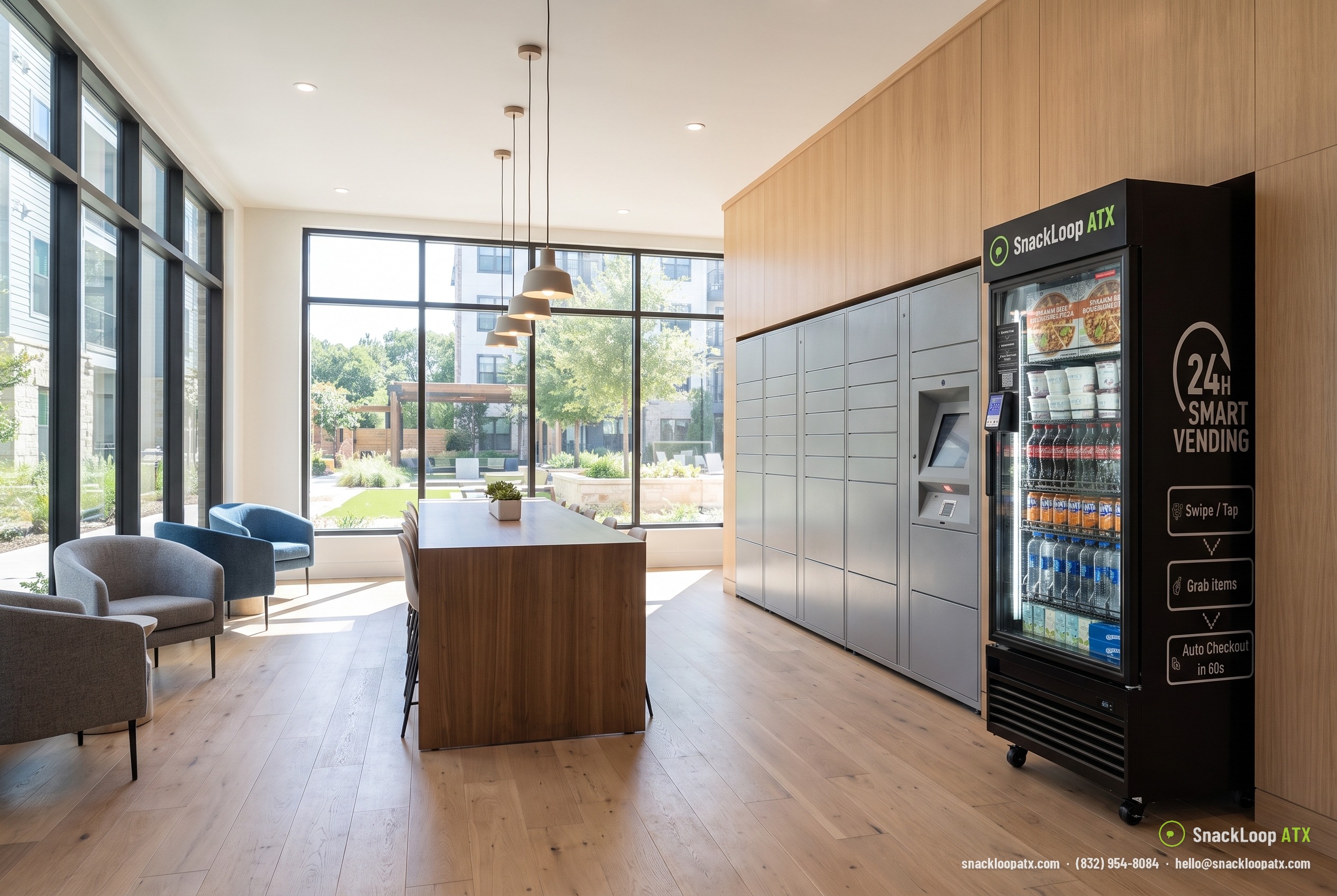 SnackLoop ATX smart vending cooler with snacks, drinks and frozen items in an apartment community amenity room in Austin, Texas