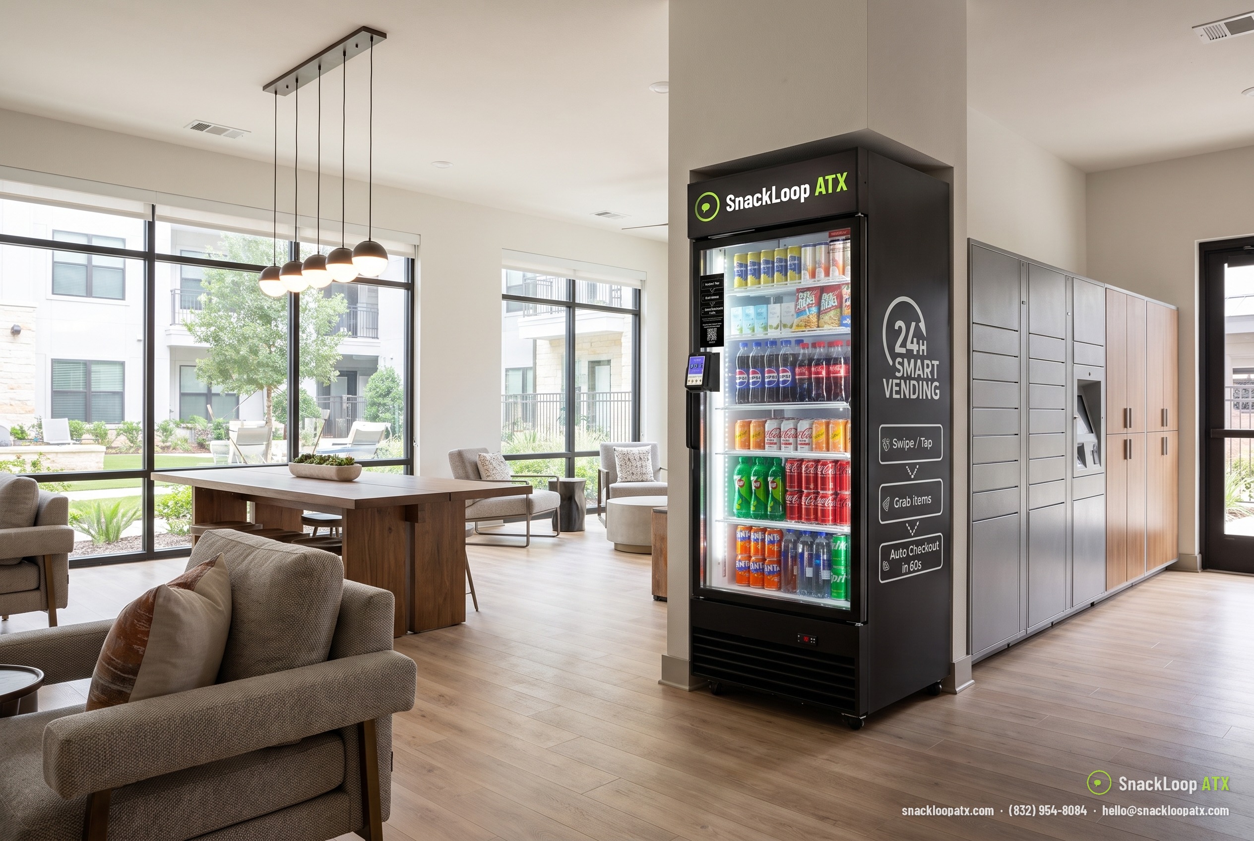 tall SnackLoop ATX smart drinks cooler in an apartment community amenity room in Austin, Texas