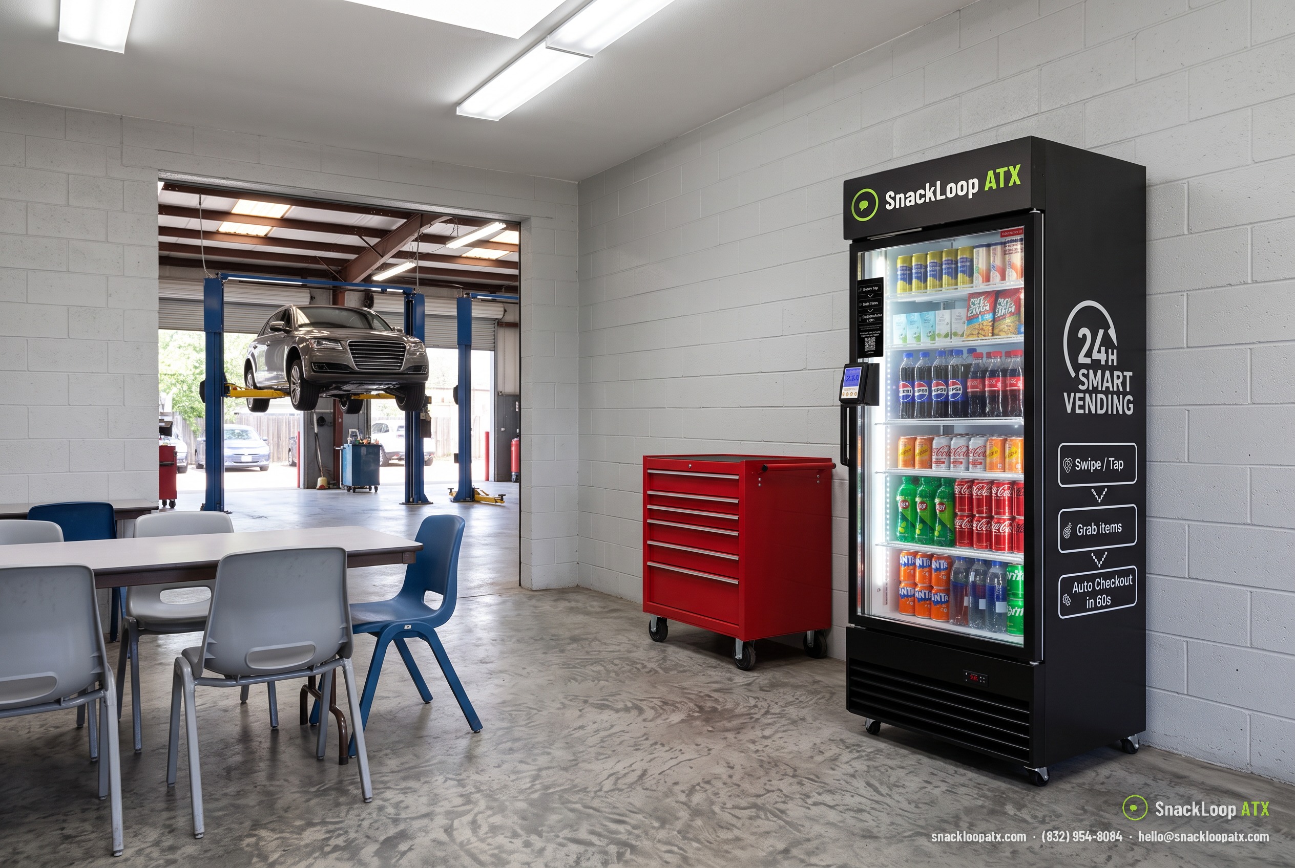 tall SnackLoop ATX smart drinks cooler in the technician break area of an auto repair shop in Austin, Texas