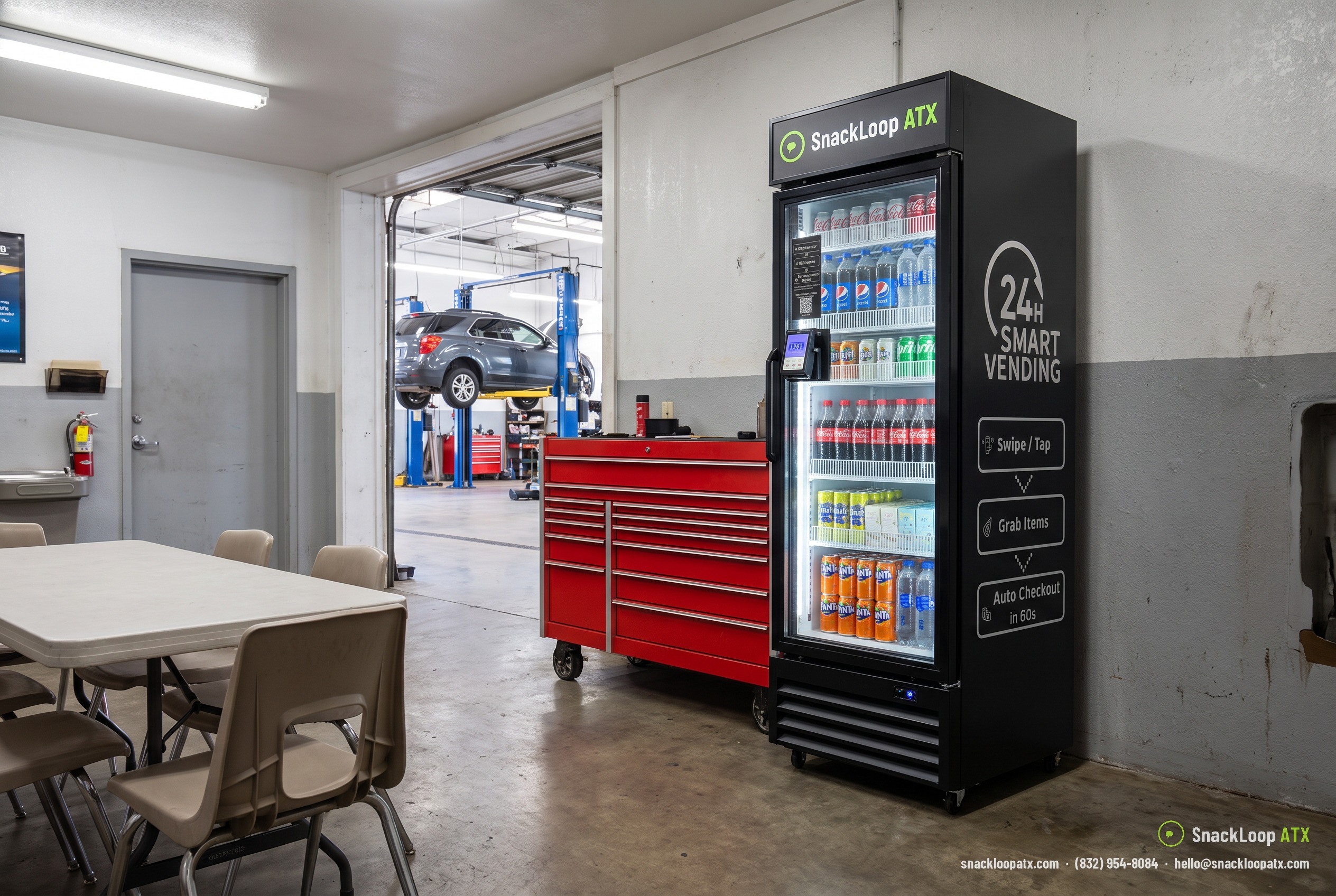 slim SnackLoop ATX smart drinks cooler in the technician break area of an auto repair shop in Austin, Texas