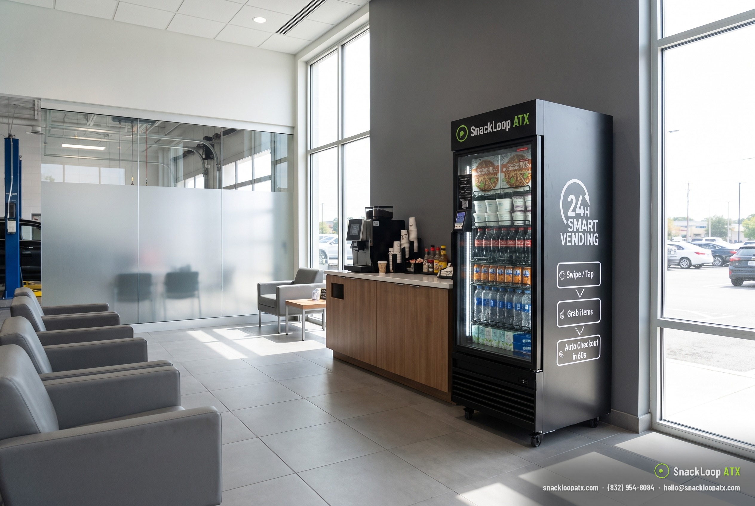 SnackLoop ATX smart vending cooler with snacks, drinks and frozen items in a car dealership service waiting lounge in Austin, Texas