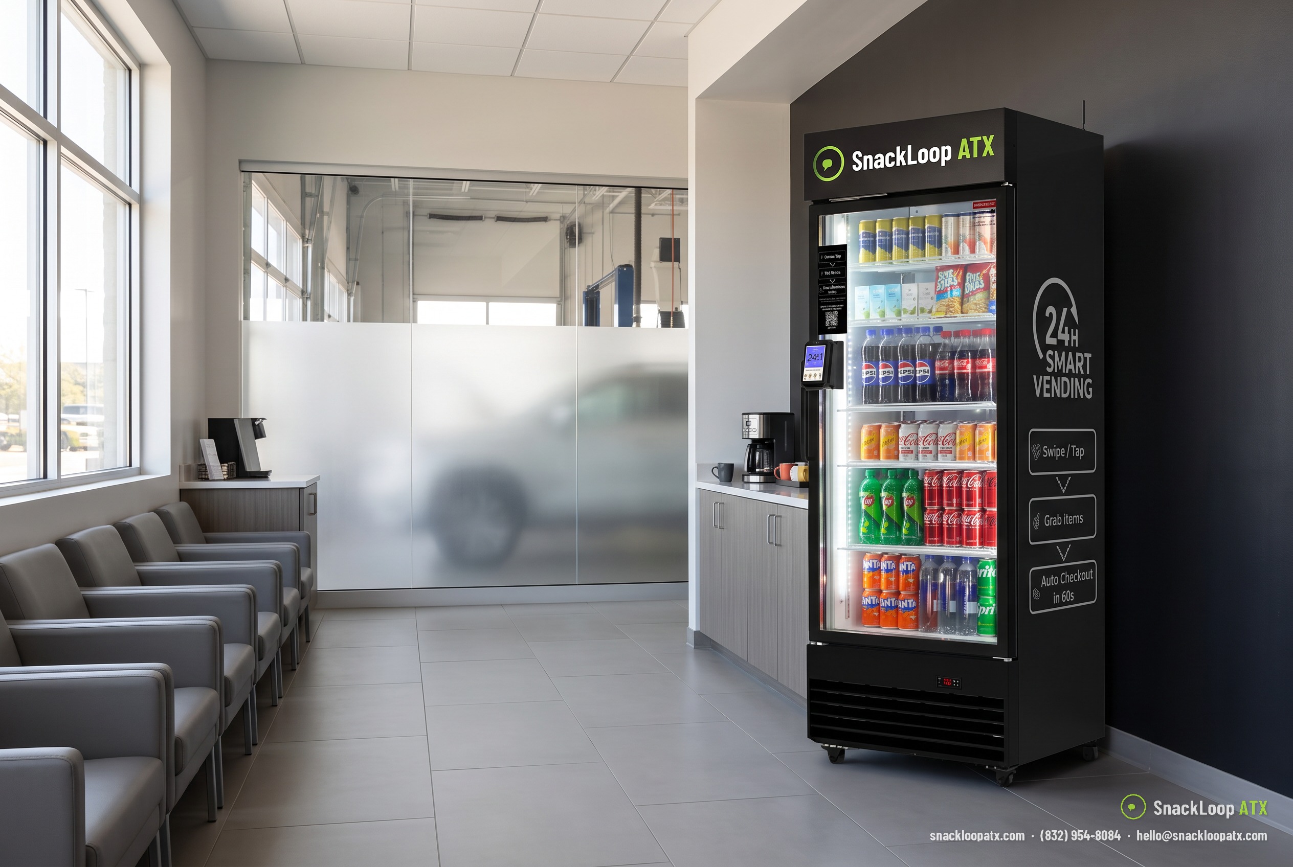 tall SnackLoop ATX smart drinks cooler in a car dealership service waiting lounge in Austin, Texas