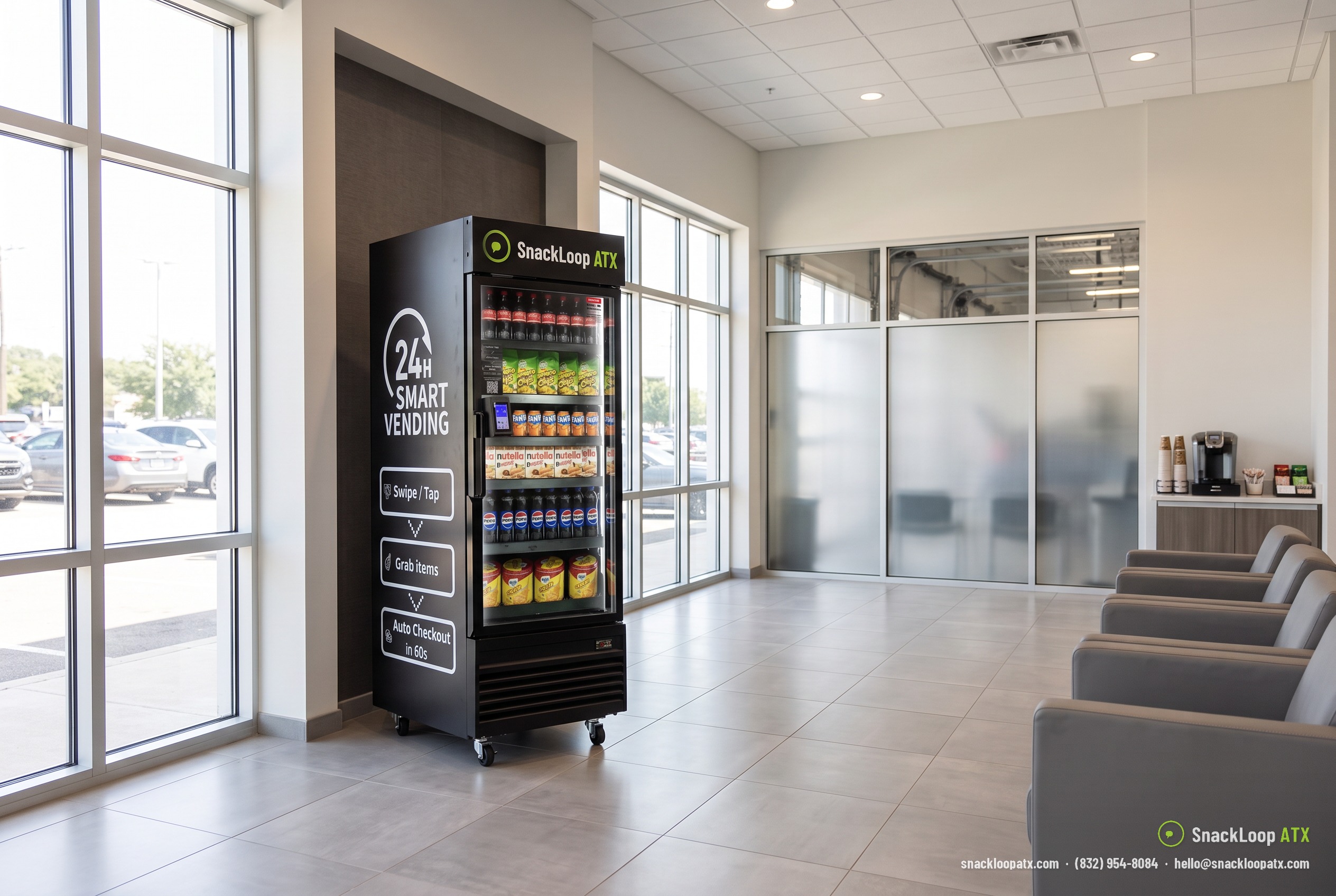 refrigerador inteligente SnackLoop ATX con snacks y bebidas en la sala de espera de un concesionario de automóviles en Austin, Texas