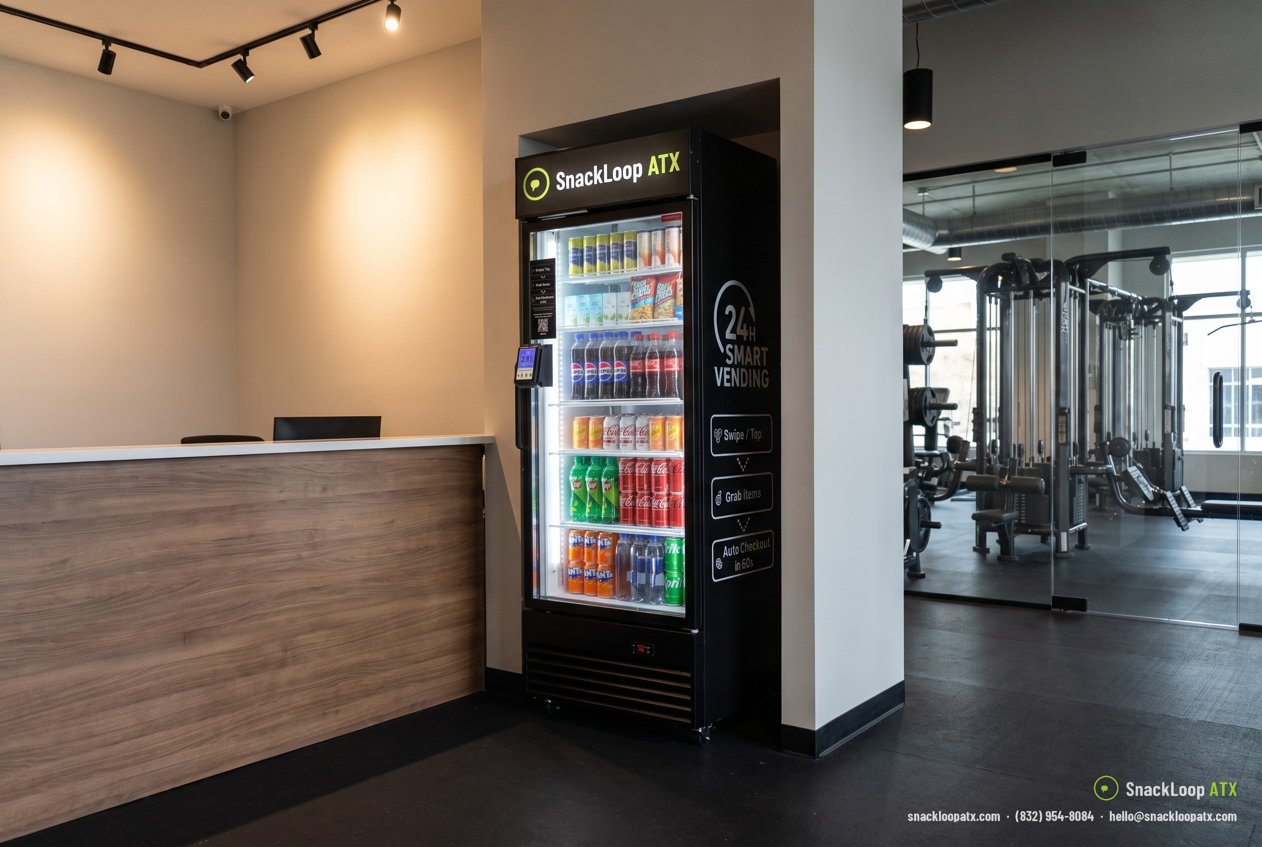 tall SnackLoop ATX smart drinks cooler in the lobby of a fitness studio in Austin, Texas