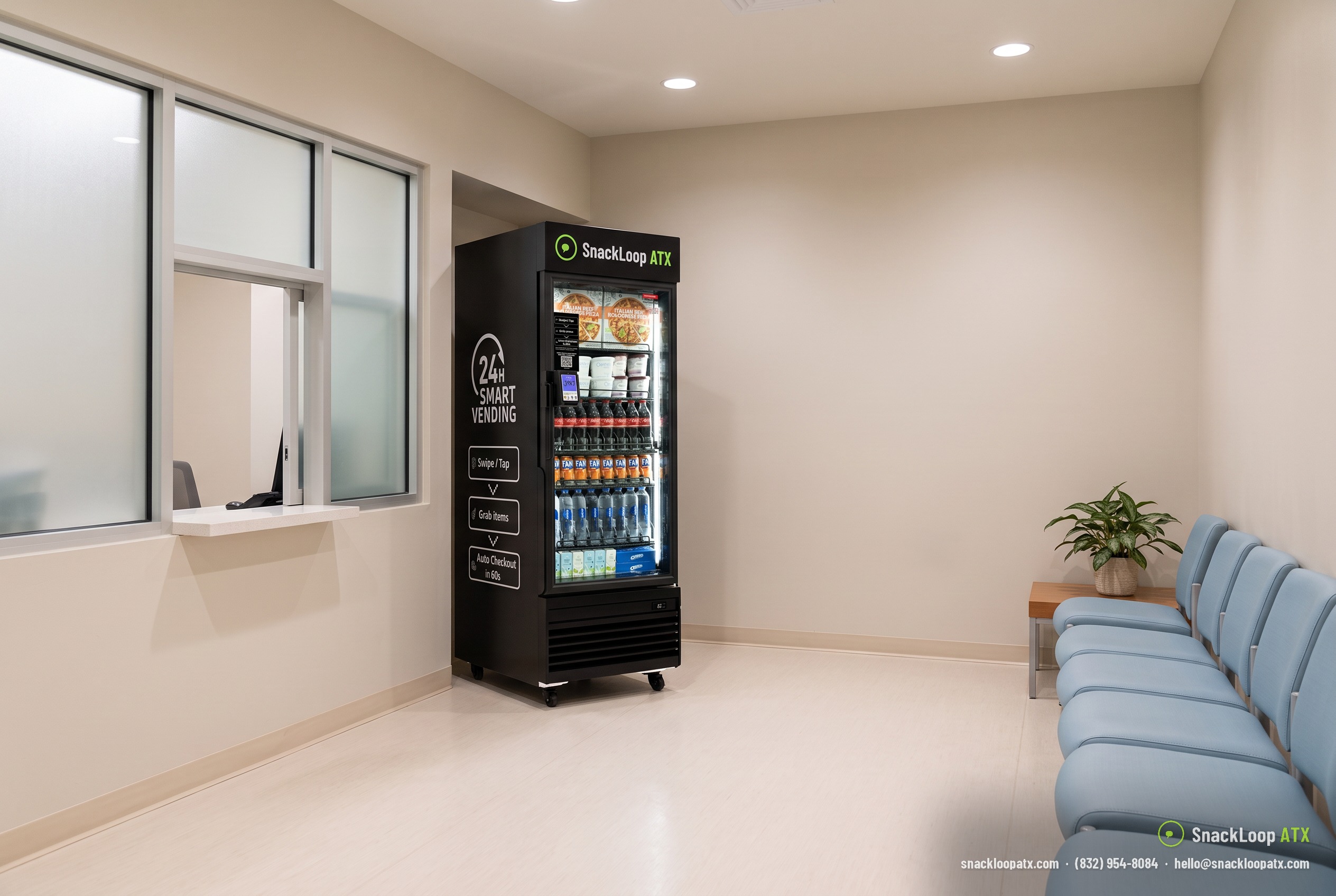 SnackLoop ATX smart vending cooler with snacks, drinks and frozen items in a medical clinic waiting room in Austin, Texas