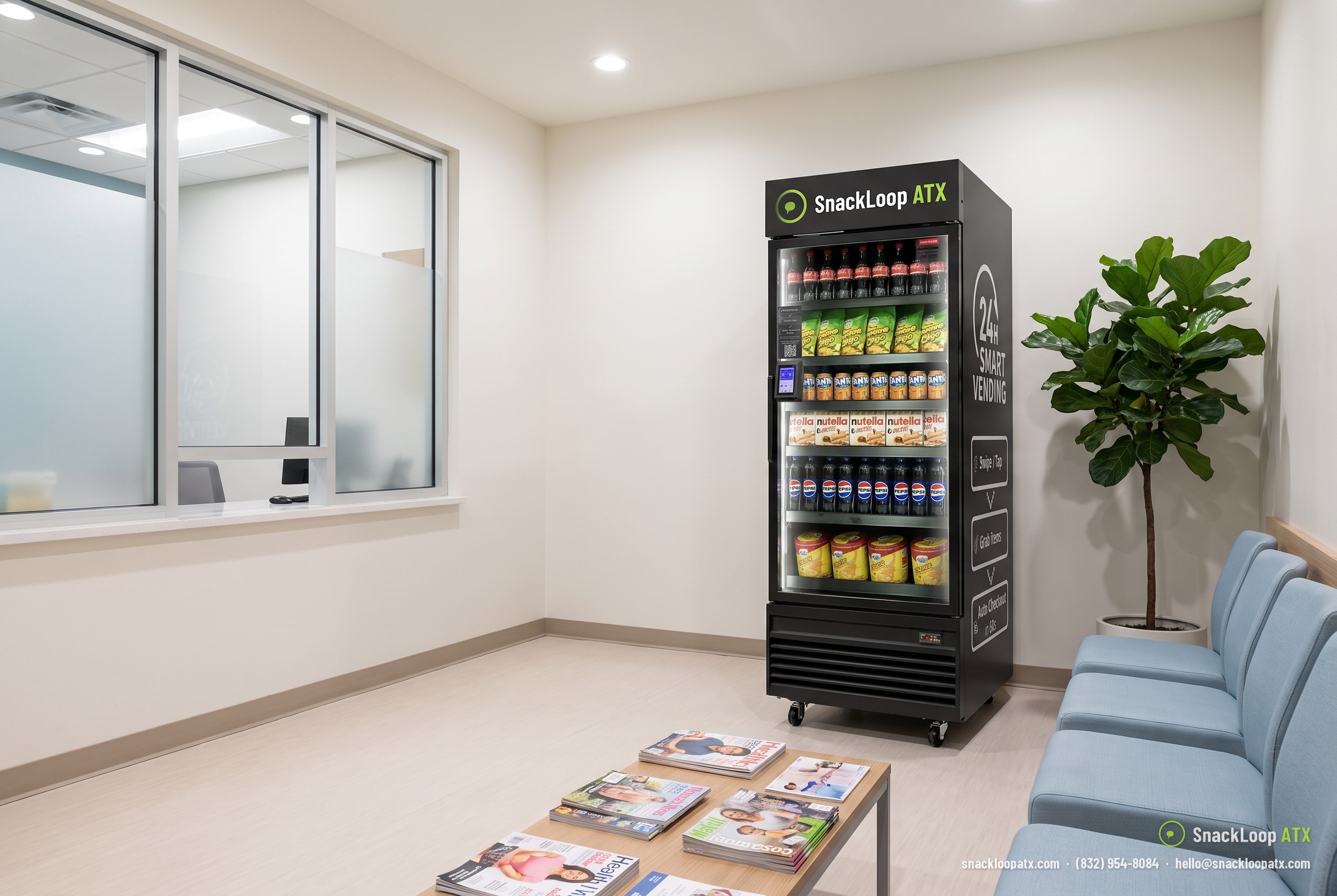 SnackLoop ATX smart cooler stocked with snacks and drinks in a medical clinic waiting room in Austin, Texas