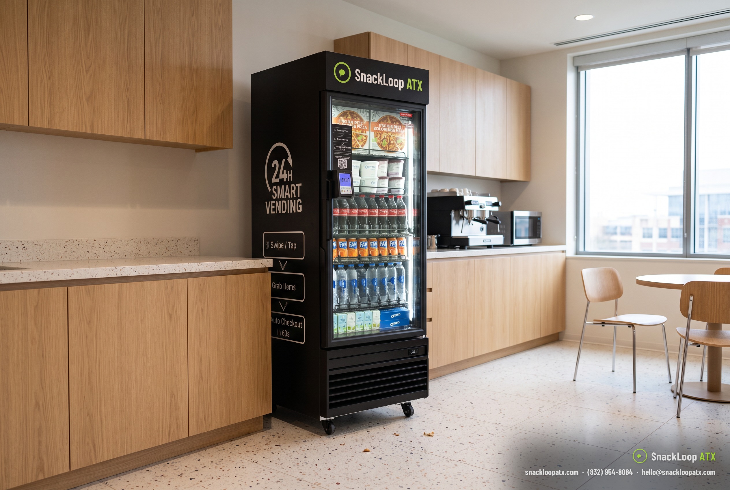 SnackLoop ATX smart vending cooler with snacks, drinks and frozen items in a modern office breakroom in Austin, Texas
