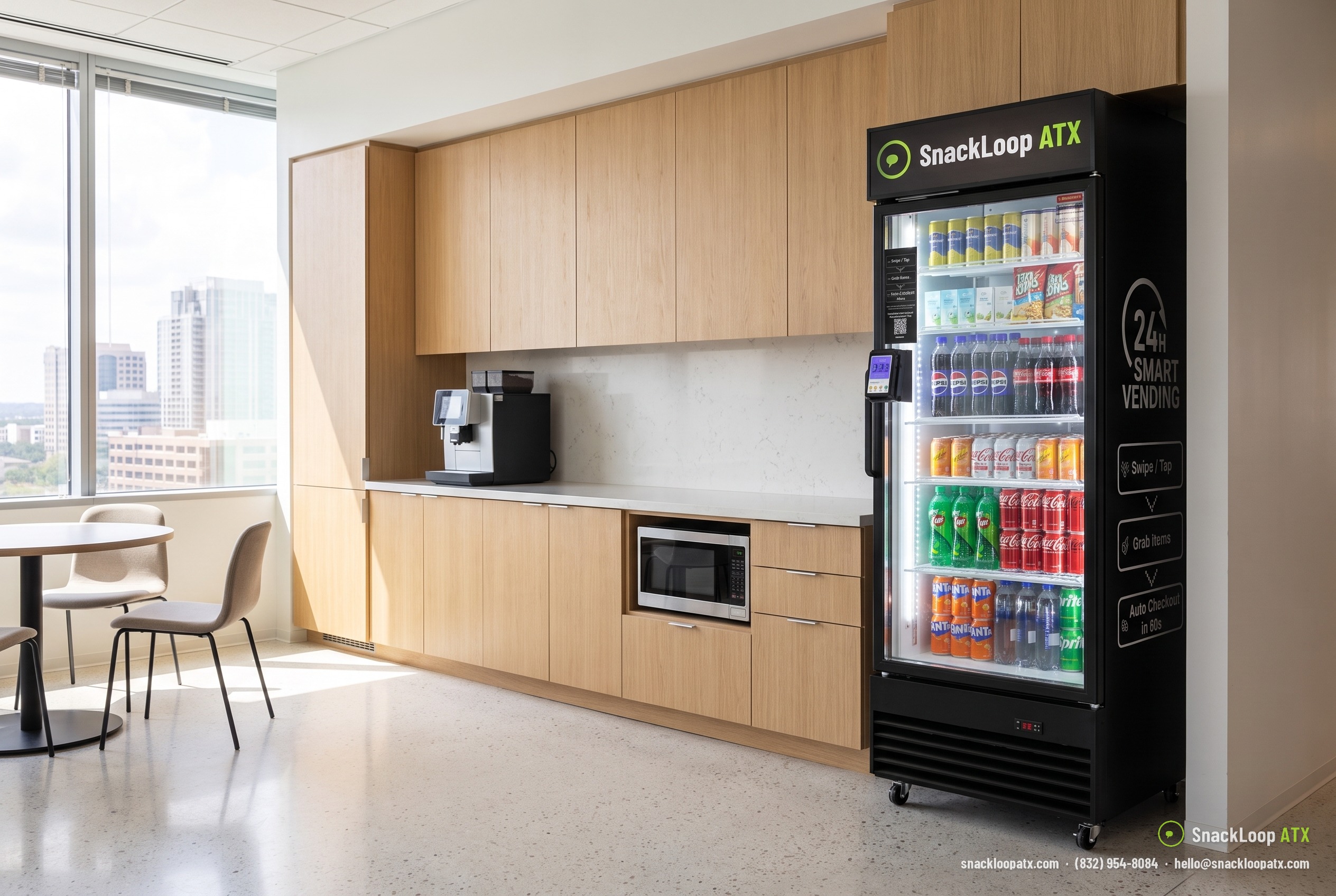 refrigerador alto de bebidas SnackLoop ATX en la sala de descanso de una oficina moderna en Austin, Texas