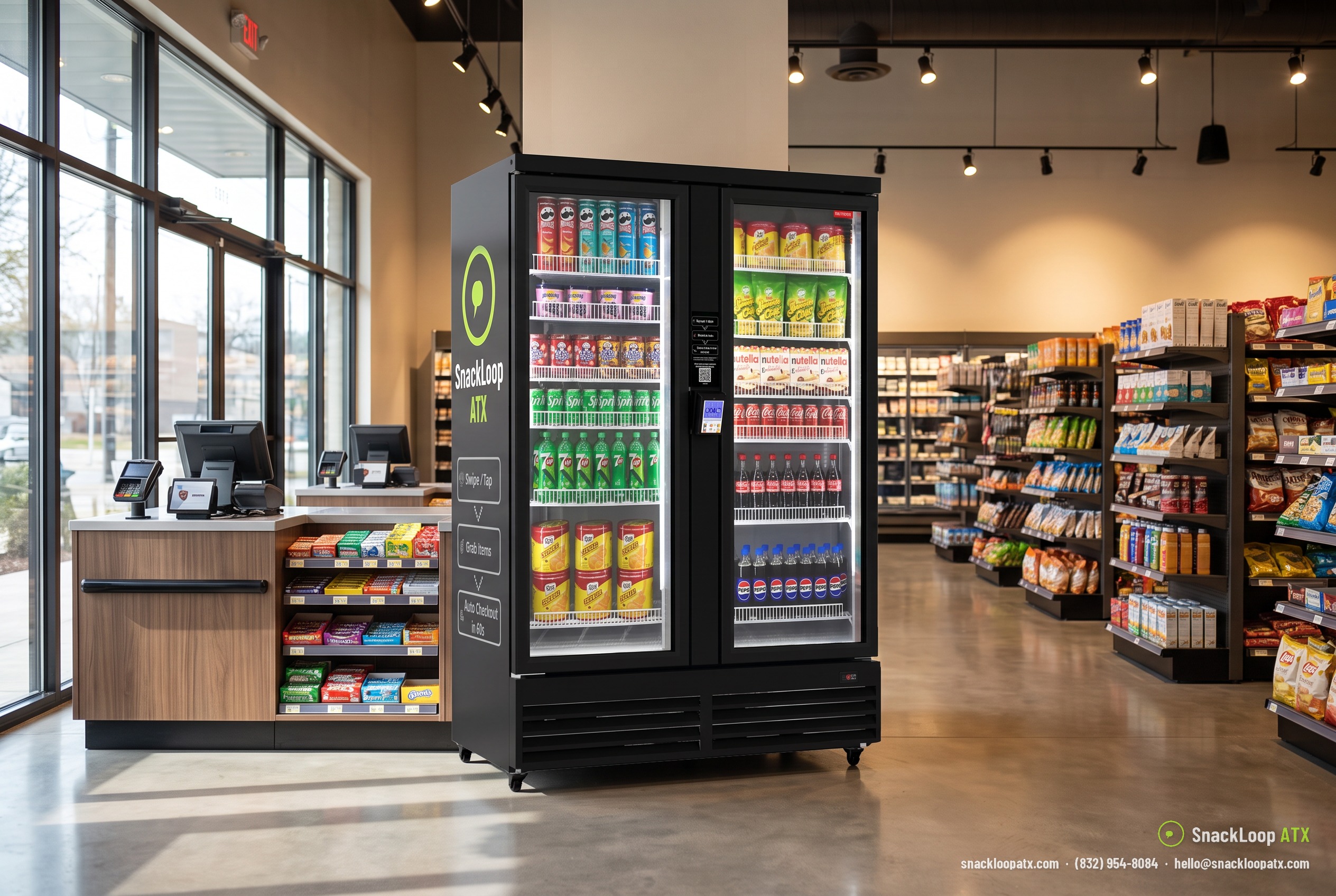 wide double-door SnackLoop ATX smart vending cooler at the front of a retail store in Austin, Texas