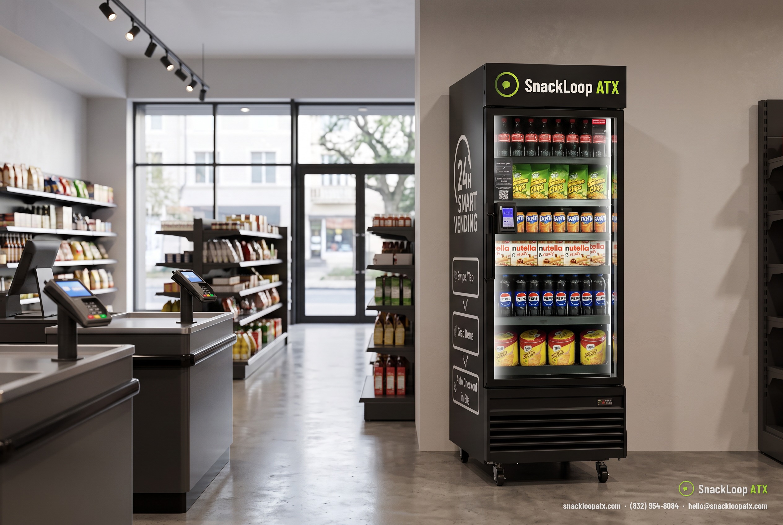 SnackLoop ATX smart cooler stocked with snacks and drinks at the front of a retail store in Austin, Texas