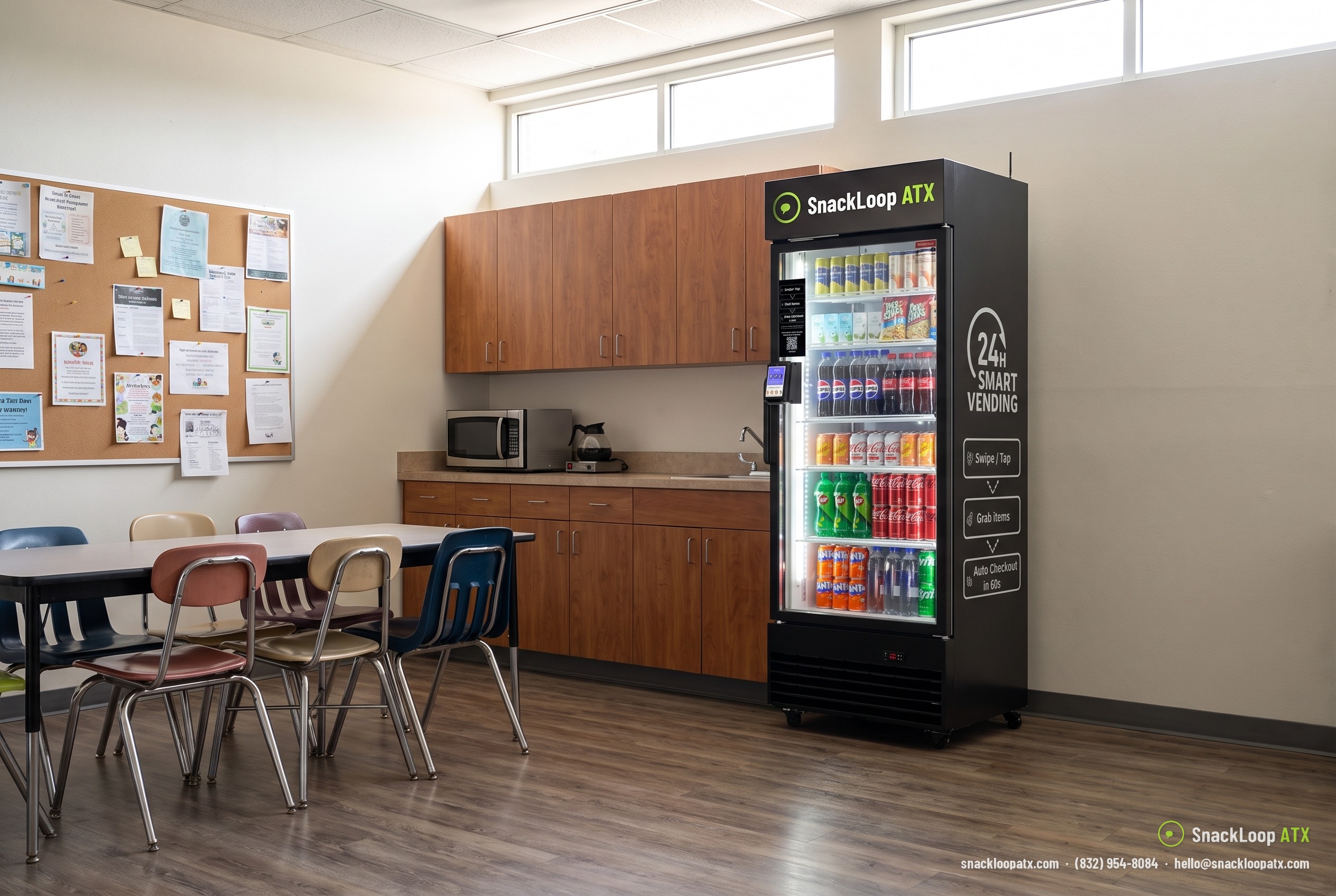 tall SnackLoop ATX smart drinks cooler in a school teachers' lounge in Austin, Texas
