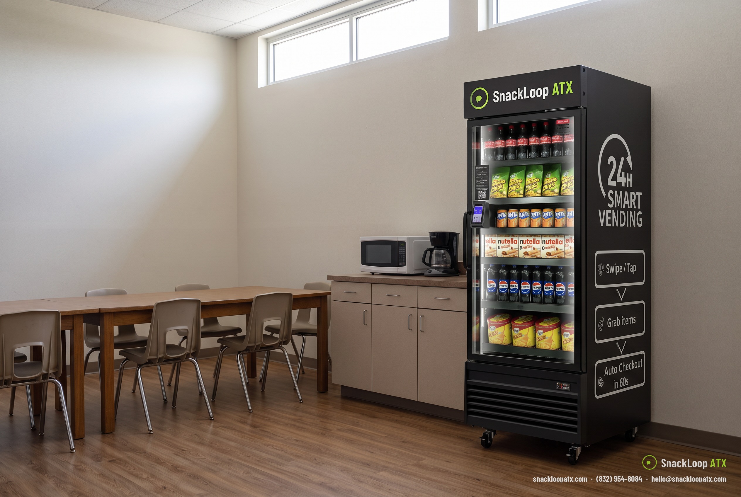 SnackLoop ATX smart cooler stocked with snacks and drinks in a school teachers' lounge in Austin, Texas