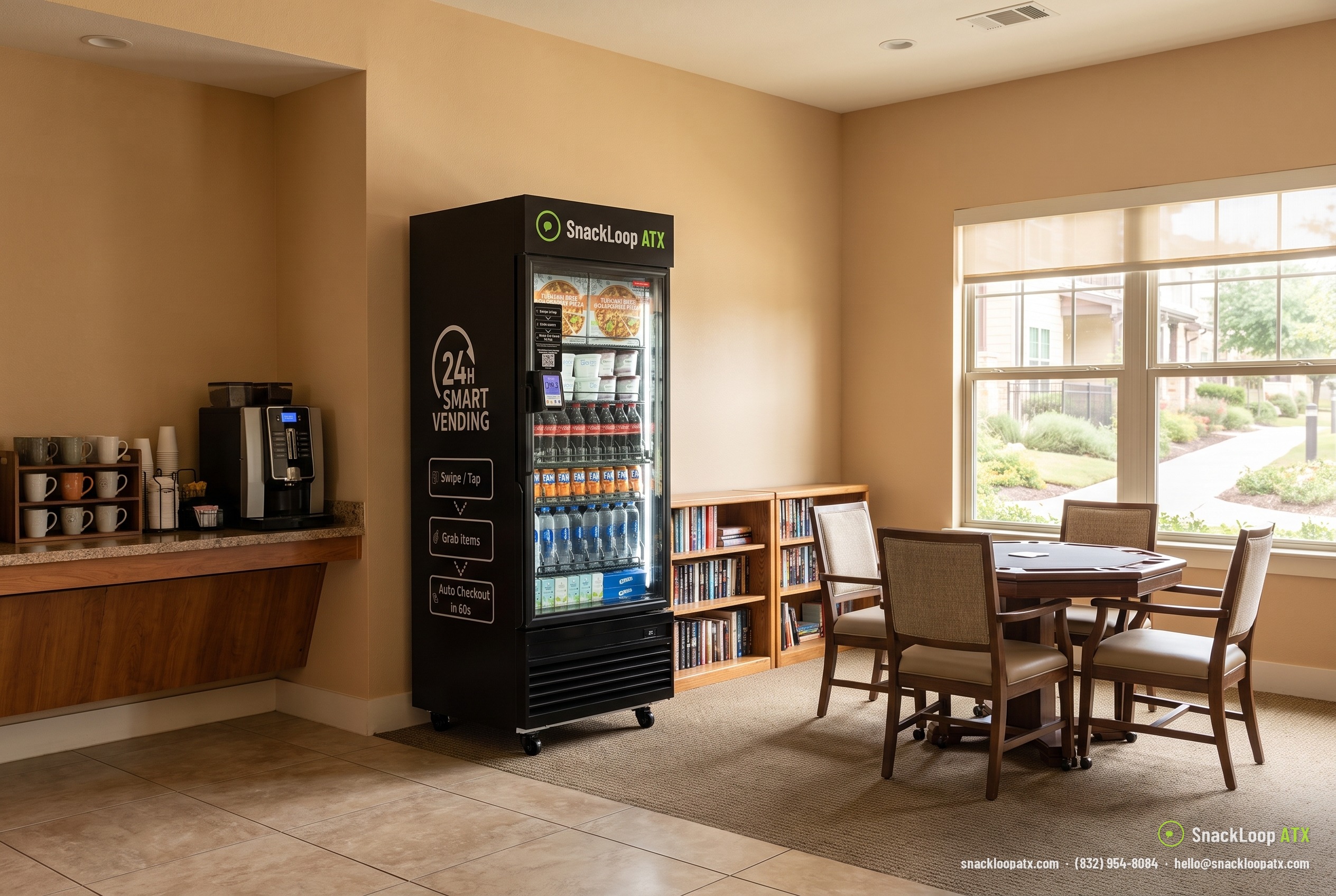 SnackLoop ATX smart vending cooler with snacks, drinks and frozen items in the clubhouse of a 55+ active adult community in Austin, Texas