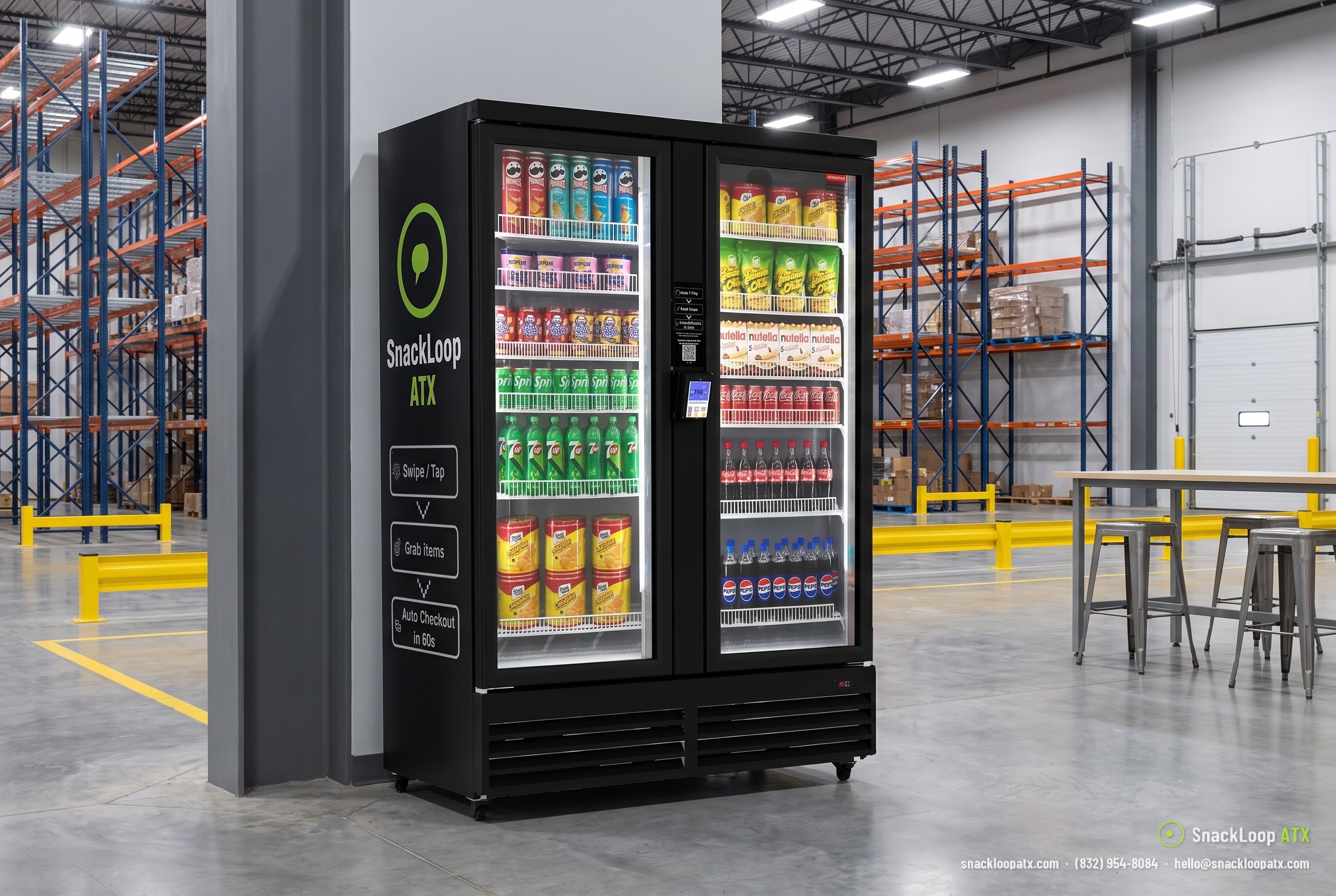 wide double-door SnackLoop ATX smart vending cooler in the break area of a distribution warehouse in Austin, Texas