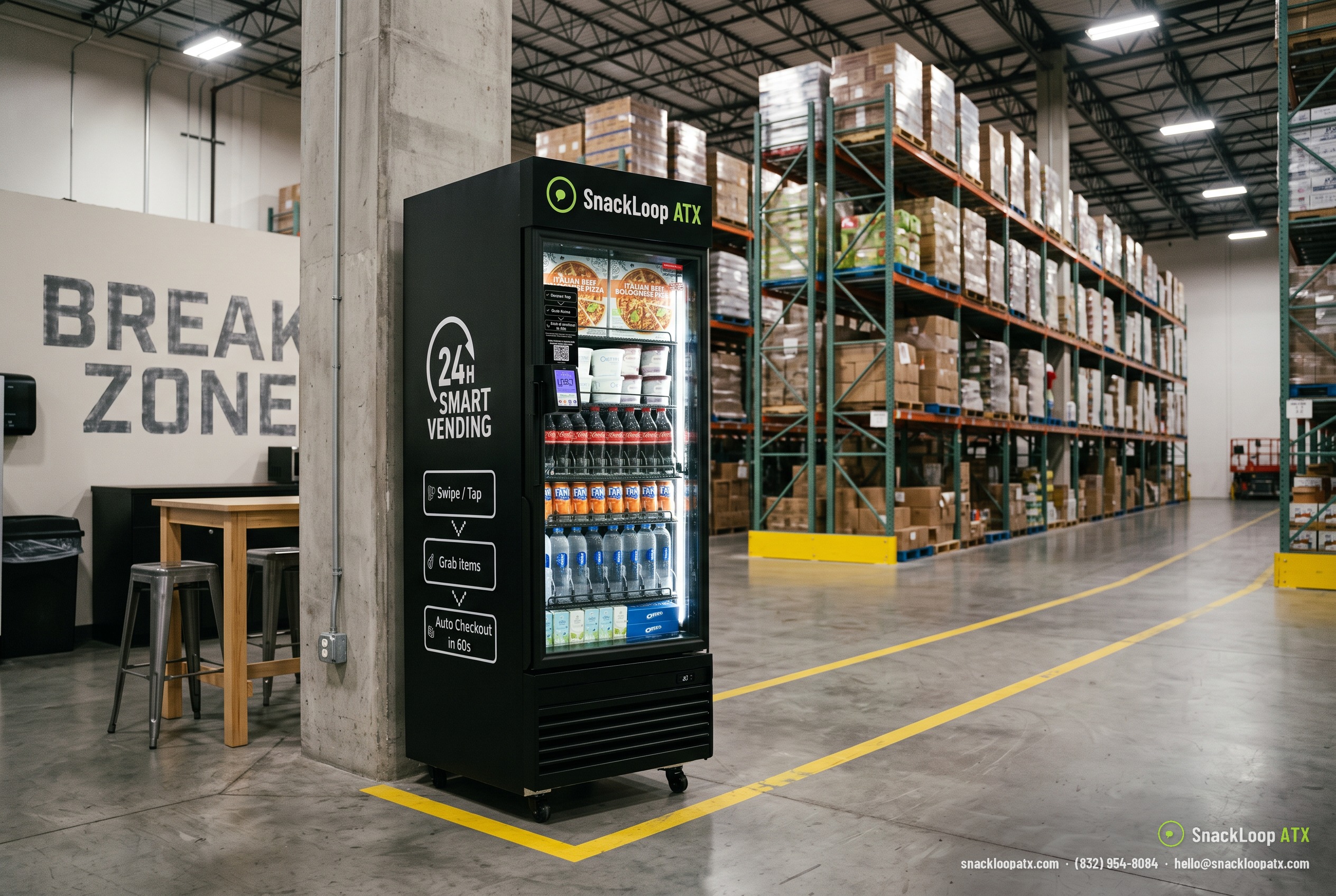 SnackLoop ATX smart vending cooler with snacks, drinks and frozen items in the break area of a distribution warehouse in Austin, Texas