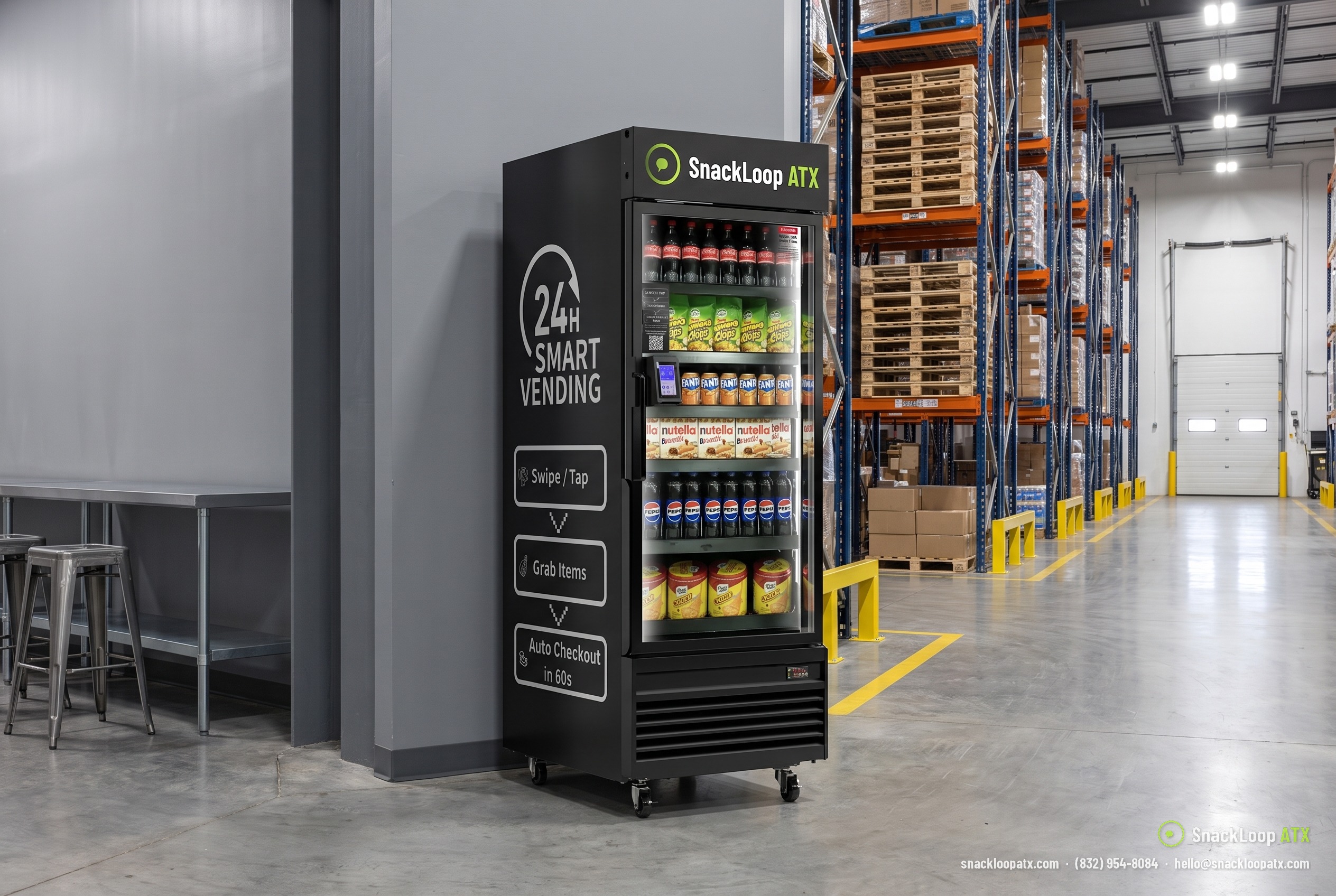 SnackLoop ATX smart cooler stocked with snacks and drinks in the break area of a distribution warehouse in Austin, Texas